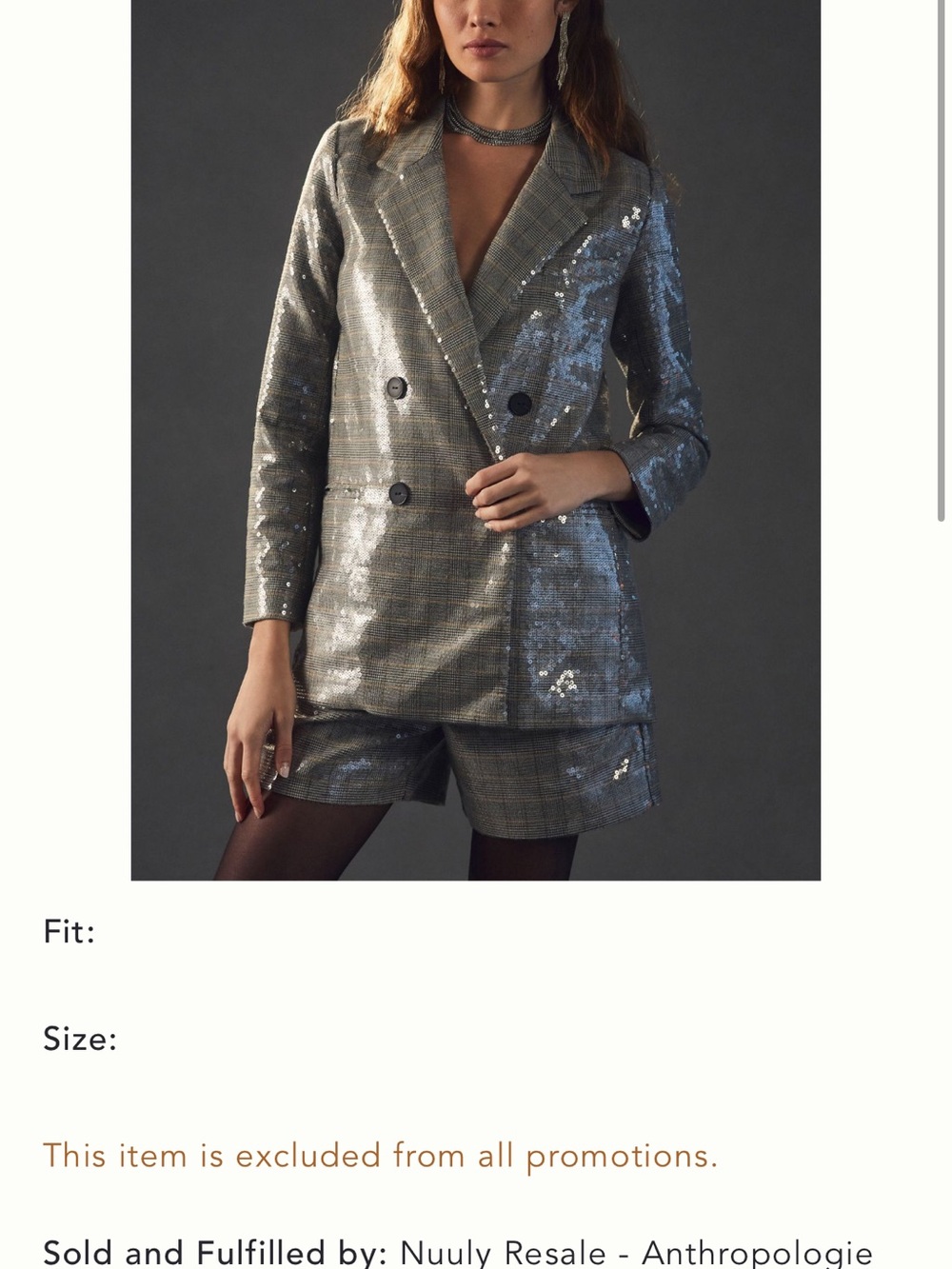 Anthropologie Silver Sequin Plaid Double-Breasted Blazer